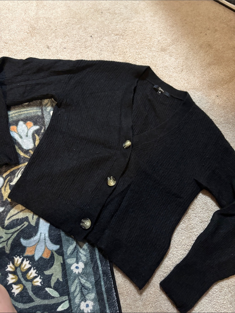 Quince Black V-Neck Button Front Cardigan Wool/Alpaca Blend